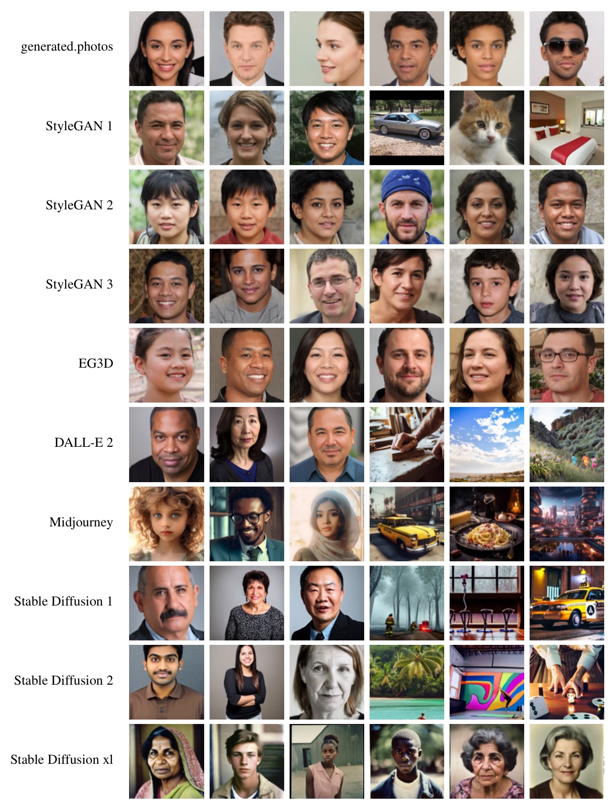 Grid of representative AI-generated face and non-face images from ten synthesis engines including generated.photos, StyleGAN 1 to 3, EG3D, DALL-E 2, Midjourney, and Stable Diffusion variants