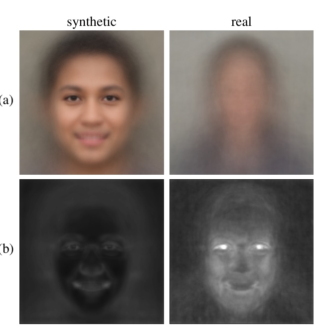 Average of 400 StyleGAN2 faces appearing sharp next to the blurry average of 400 real profile photos, with reconstruction visualizations below