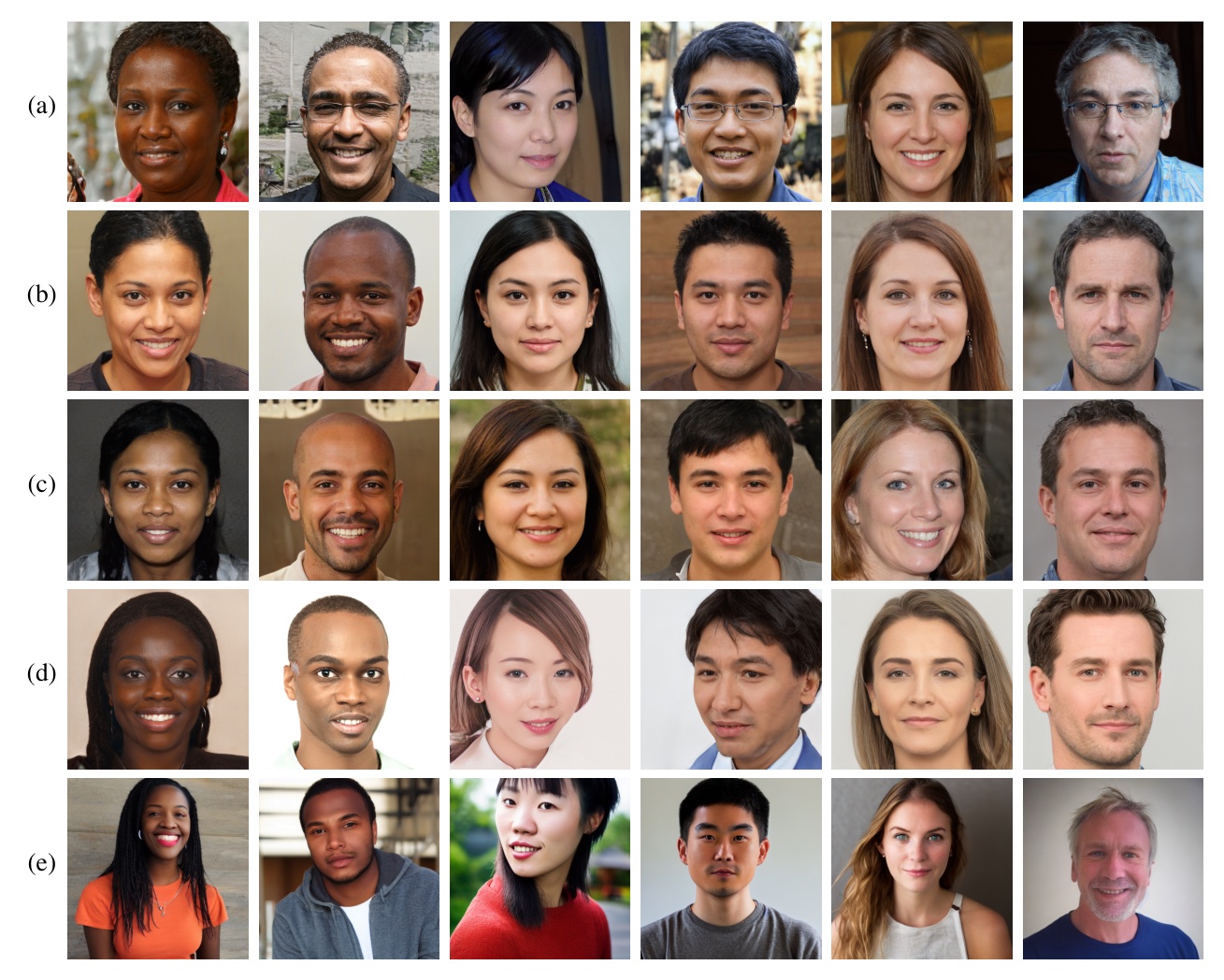 Grid of representative synthetic faces produced by StyleGAN1, StyleGAN2, StyleGAN3, Generated.photos, and Stable Diffusion