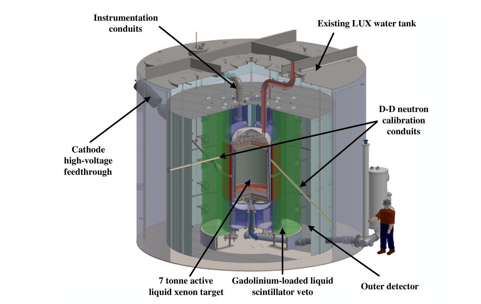 Cutout view of the LZ detector solid model inside the water tank, with the two D-D neutron calibration conduits visible